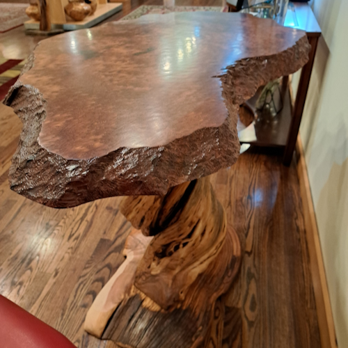 JW-271 Table Redwood, Lace Burl & Juniper $4000 at Hunter Wolff Gallery